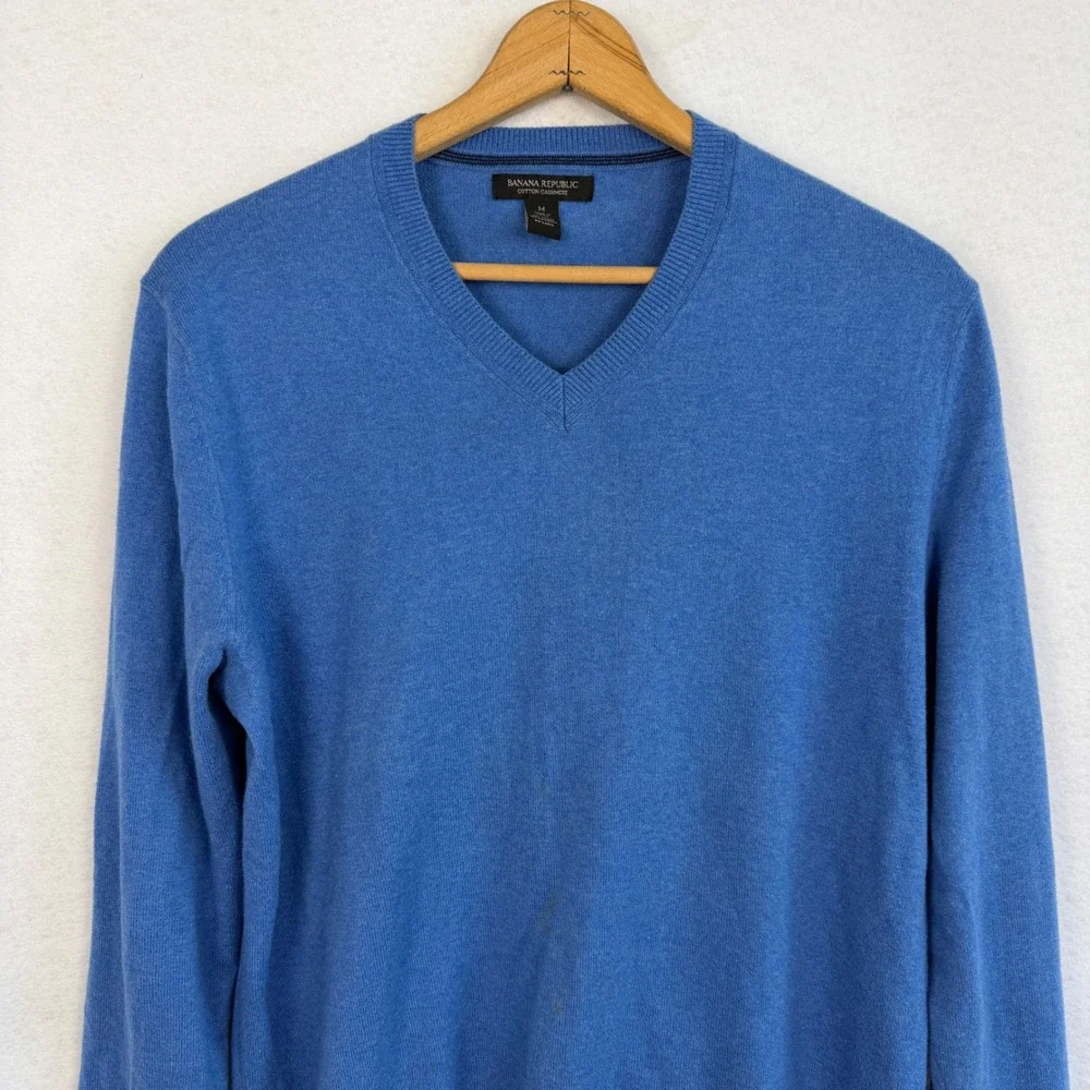 Banana Republic Mens Medium Blue‎ Cotton Cashmere V-Neck Sweater Casual Cozy